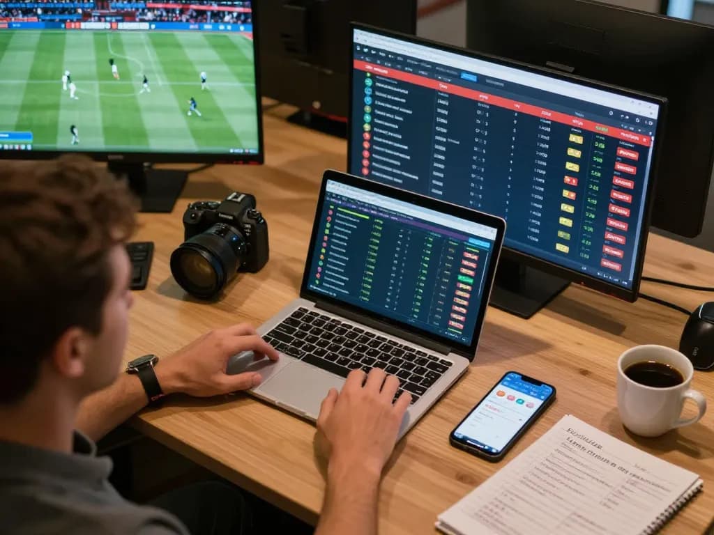 Engaged user placing bets on 8kbetbh during real-time online sports betting session with multiple screens