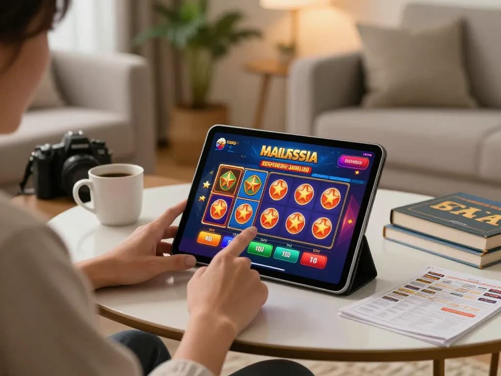 Engaging in Slot Malaysia games on a tablet in a cozy home setting, emphasizing responsible gambling.