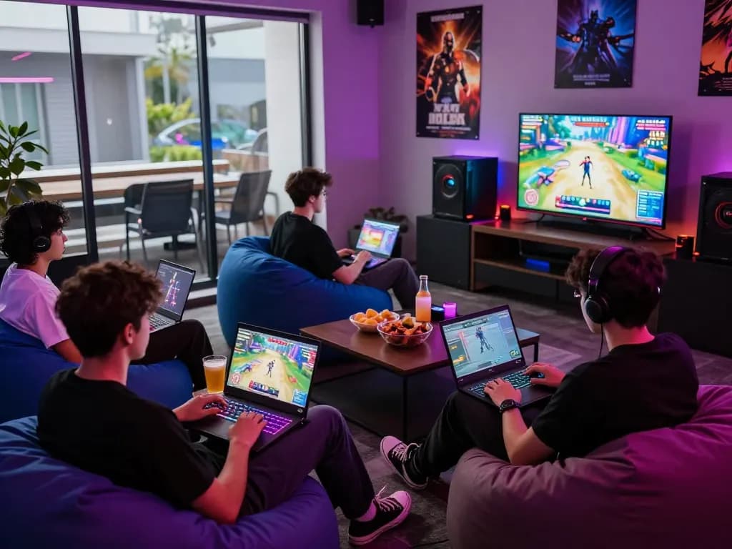 Gamers enjoying a porn game in a vibrant gaming lounge with snacks and drinks.