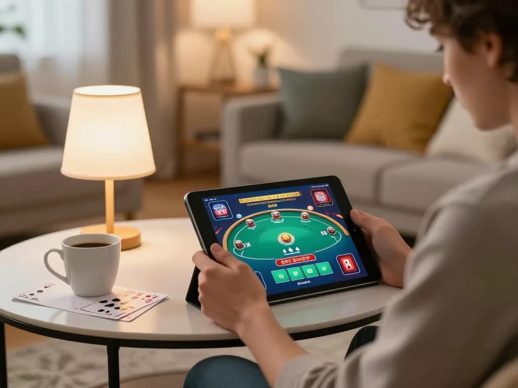 Player strategically placing bets on lucky888 poker game during cozy home session.
