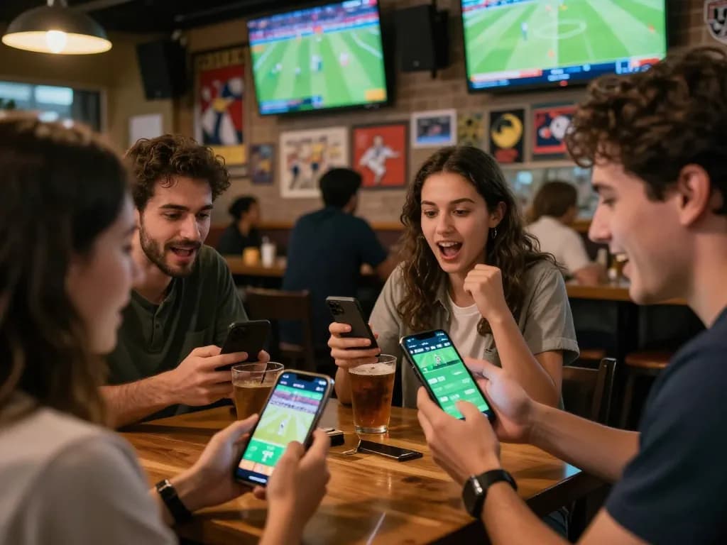 Friends cheering while checking keonhacai odds on smartphones during a live sports match.