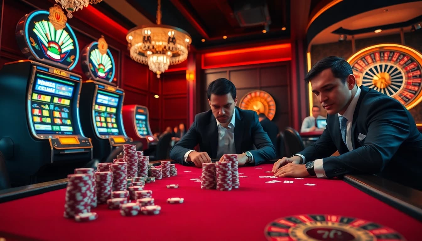 Exciting poker game scene featuring 79KING chips at a luxurious casino table.