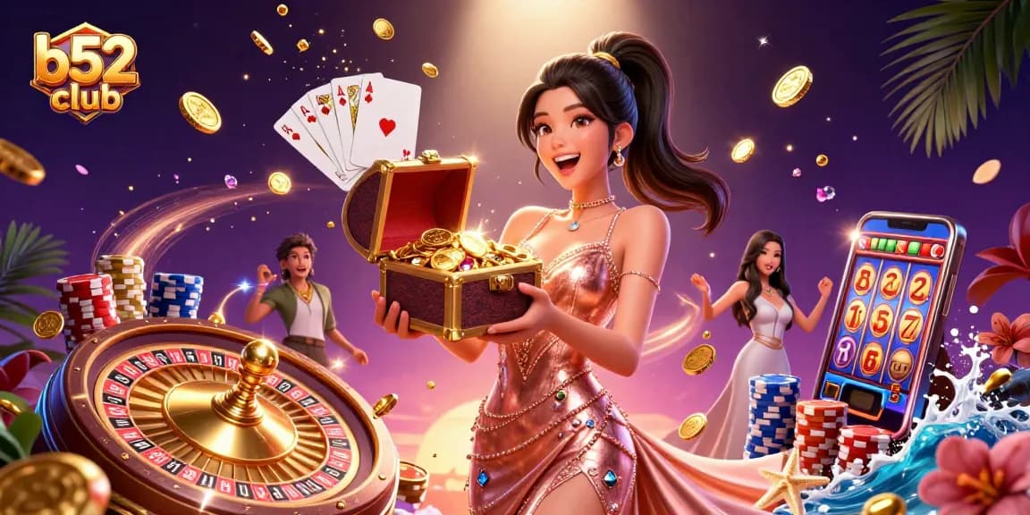 Engage with vibrant casino excitement at b52 club, showcasing treasure chests and dynamic game elements.