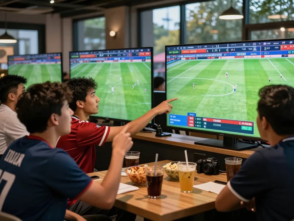 Football fans engaging with NOWGOAL for live scores and betting odds in a dynamic lounge