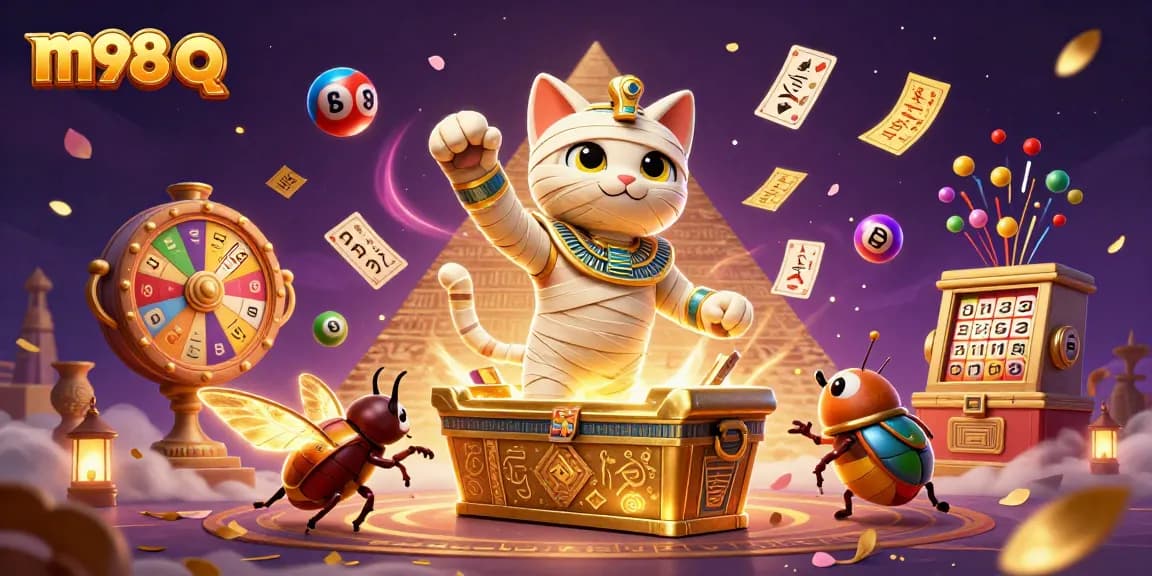 Engage with the vibrant gambling world of m98 q featuring Egyptian characters and casino elements.