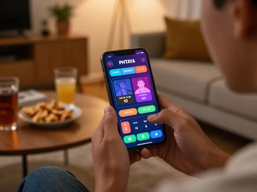 PHTAYA mobile app experience with user placing bets in cozy home setting