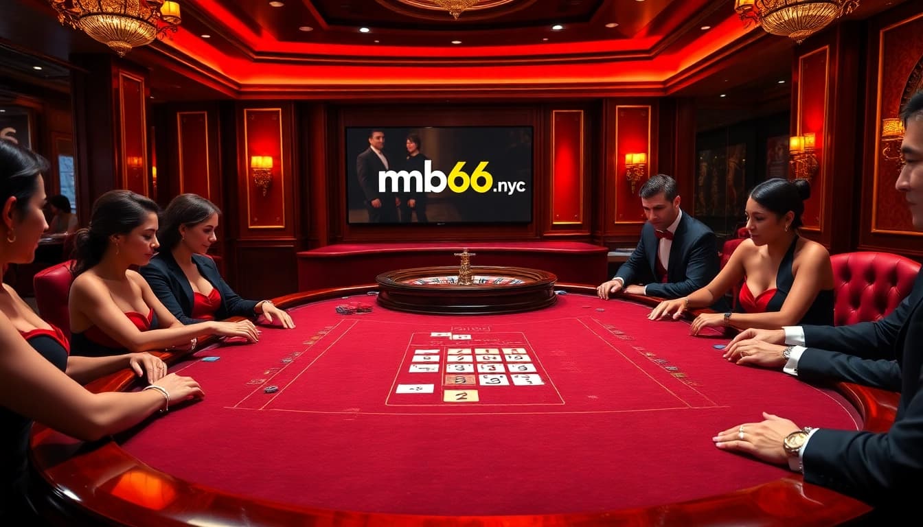 Experience thrilling action at mb66.nyc with a luxurious poker game in progress, surrounded by vibrant casino elements.
