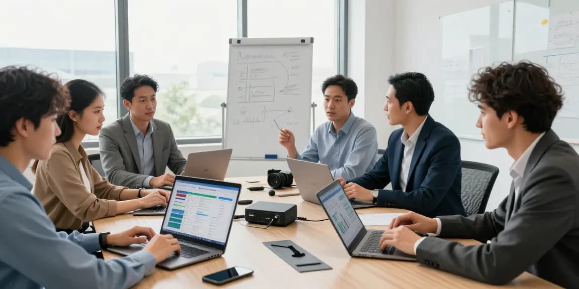Office business phone systems discussion in a modern conference room with a diverse team collaborating.