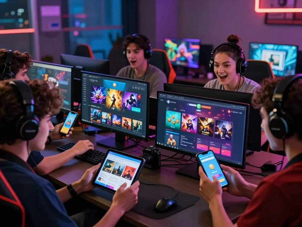 Exciting gaming experience while tải hitclub app, featuring players engaged on various devices in a colorful environment.