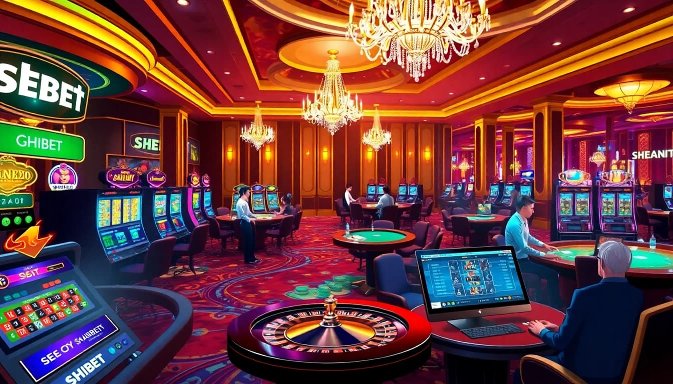 SHBET casino scene with players engaged at tables and dynamic slot machines.