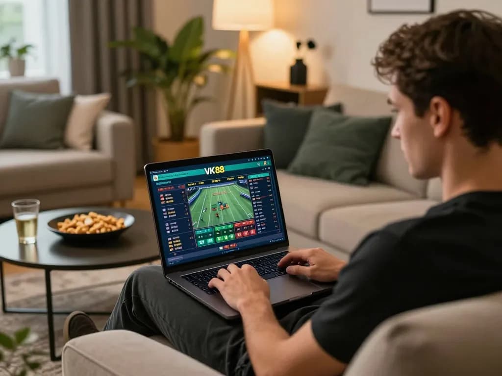 Engaged player analyzing sports betting odds on VK88 in a cozy living room environment.