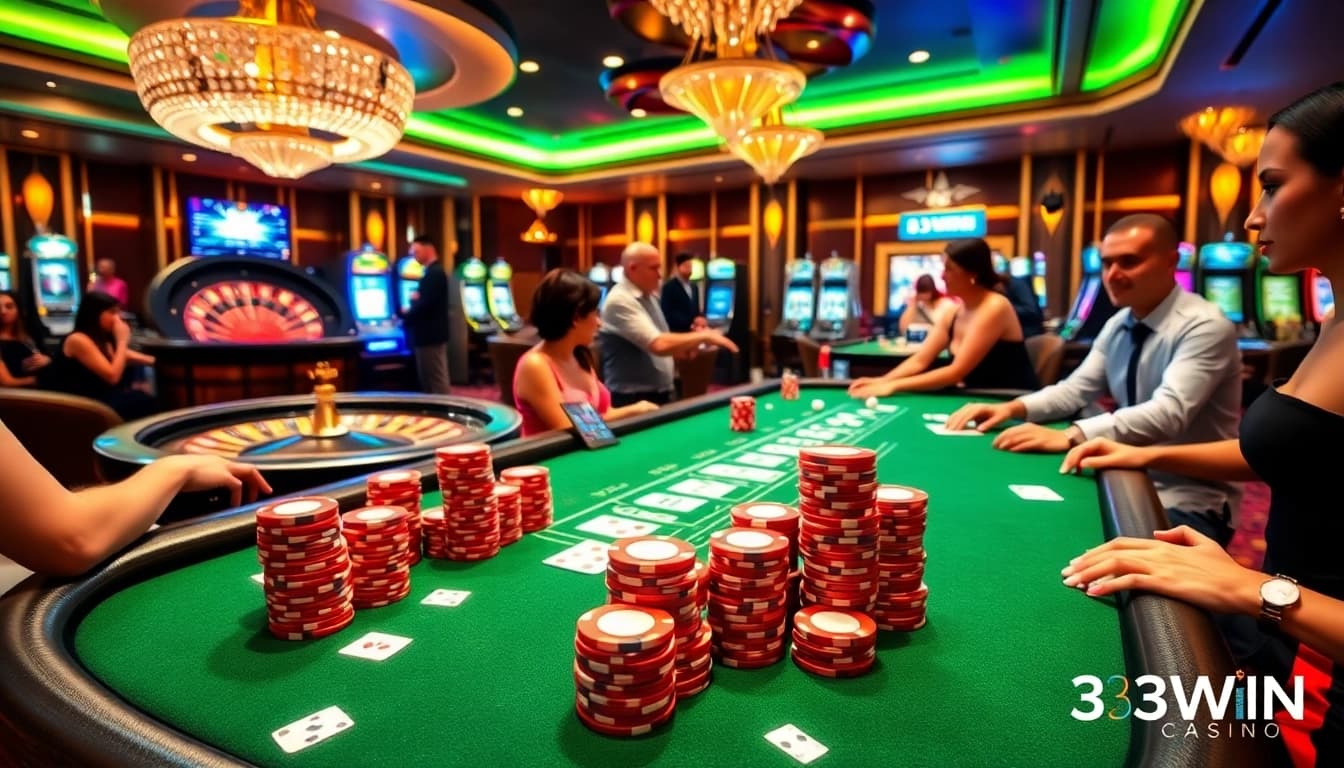 A group of enthusiastic players enjoying their time at 33WIN Casino, surrounded by vibrant gaming tables and flashy slot machines.