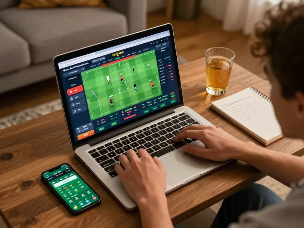 Engaging in online sports betting strategy, navigating odds on hu platform with laptop and smartphone