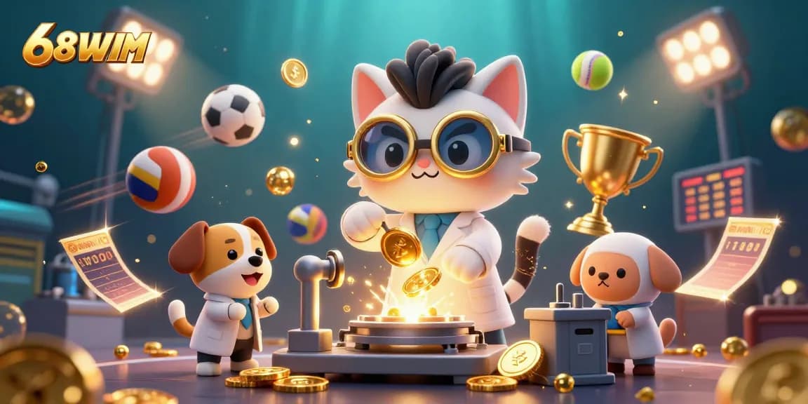 Join the adventure at 68WIM with thrilling casino games amidst golden sparkles and exciting sports elements.