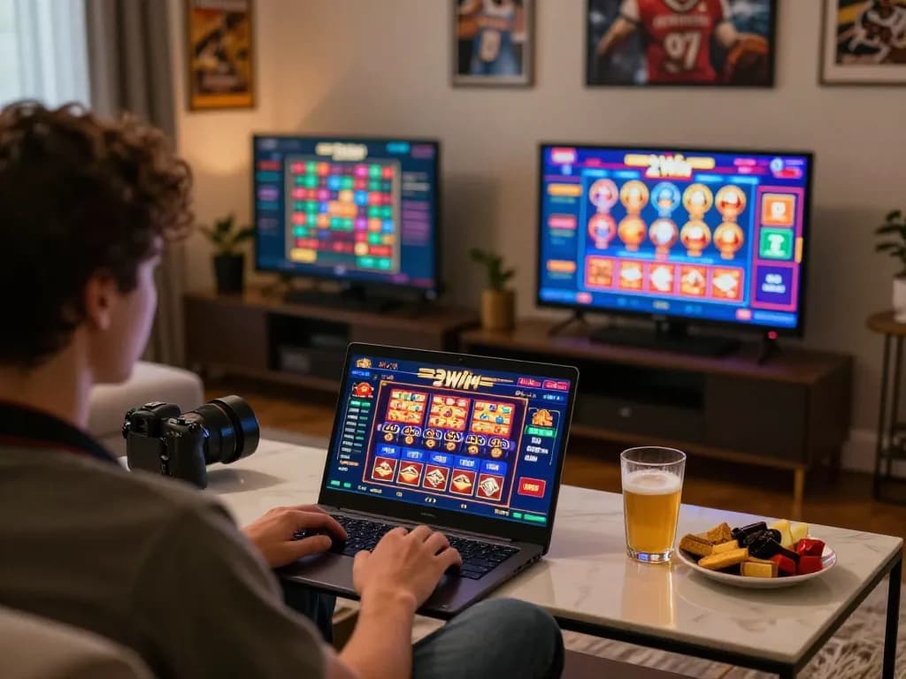 Playing 23win online casino games from a cozy home setup, highlighting interactive gameplay.