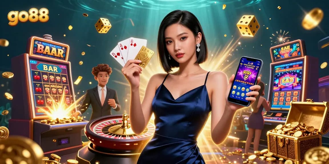 Experience exciting gameplay with go88, showcasing a stunning woman and casino elements in a vibrant scene.