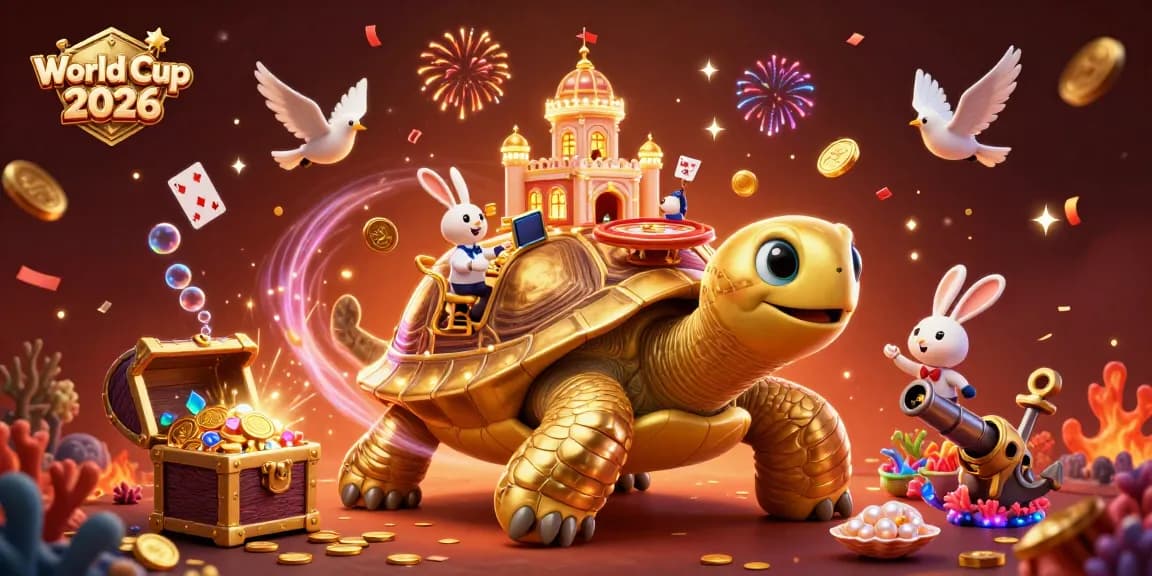 Experience the thrill of World Cup 2026 with a golden tortoise casino scene filled with excitement and celebration.