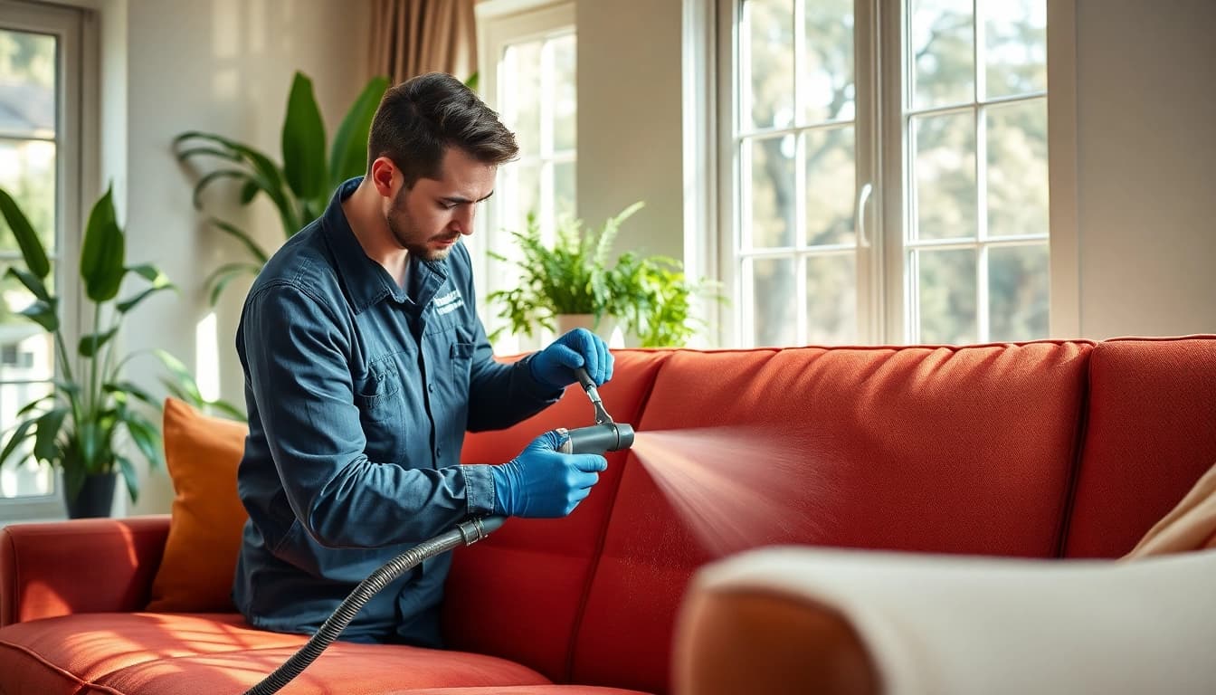 Upholstery cleaning in Glasgow: Skilled technician restoring vibrant sofa in a cozy living room.