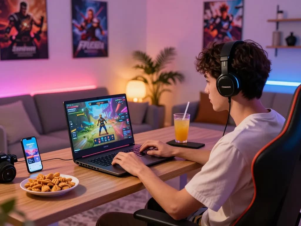 Engaging gaming scene featuring a person playing tải sunwin on a laptop in a cozy living room with snacks and vibrant LED lights.