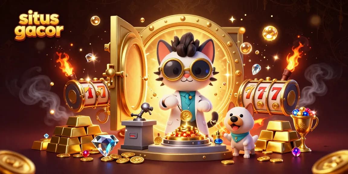 Engage in situs gacor gaming excitement with a dynamic scene of cartoon scientist and assistant amid golden treasures.