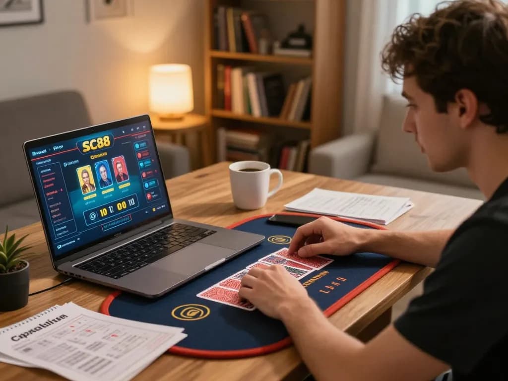 Engaged gamer exploring SC88 top 1 online casino game on laptop with strategy notes.