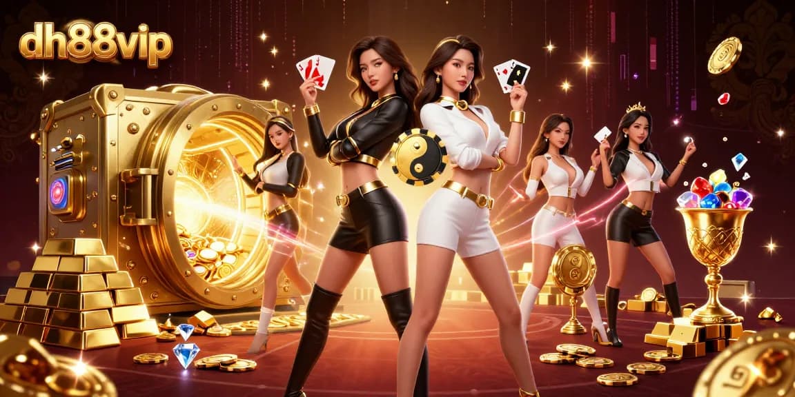Experience excitement at dh88vip with twin Asian women showcasing winning poker hands in a vibrant casino scene.