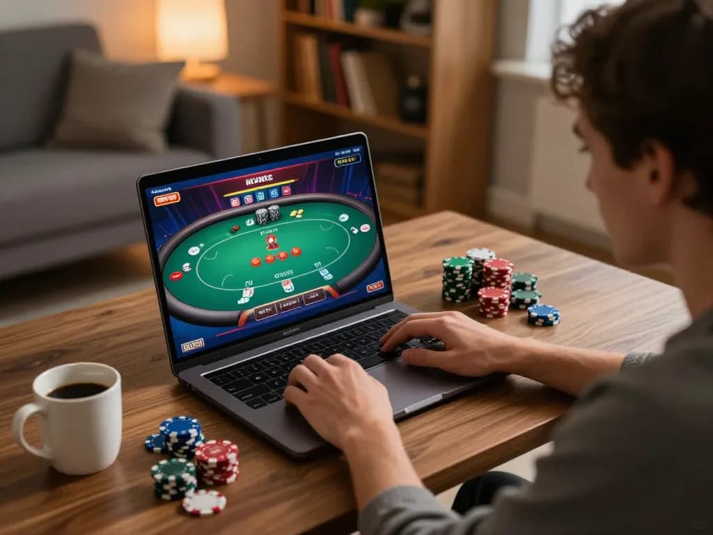 Player enjoying online casino games at home with 789P features visible on screen, capturing an engaging gaming atmosphere.