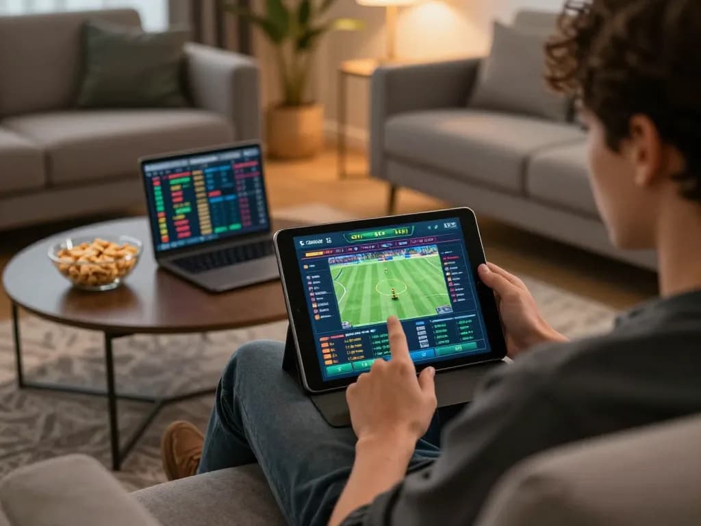 Engaging in sports betting on a tablet with Ko66 in a cozy home environment.