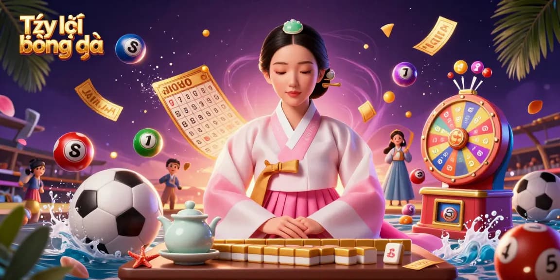 Experience exciting sports betting with Tỷ lệ bóng đá featured in a vibrant, colorful illustration.