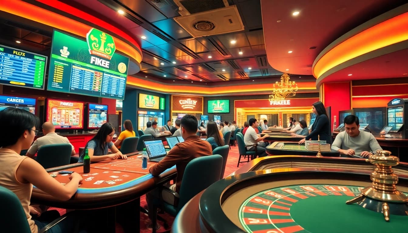 Players enjoying diverse games in a vibrant online casino setting at tk88win.live, showcasing an engaging atmosphere.