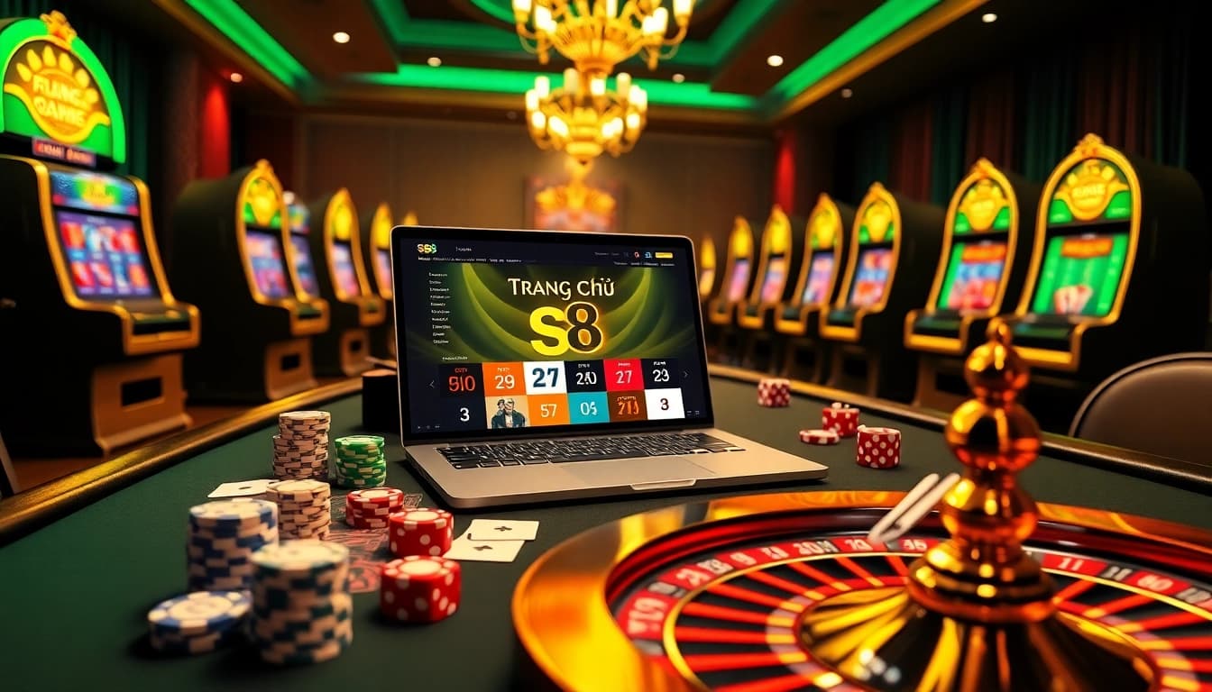 Engaging casino scene showcasing players interacting with trang chủ s8 online gambling website, featuring poker chips and a roulette wheel.