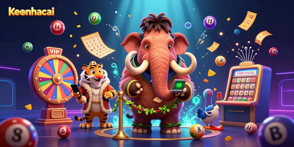 keonhacai exciting scene with a mammoth bouncer, saber-tooth tiger, and dodo bird doorman amidst lottery elements.