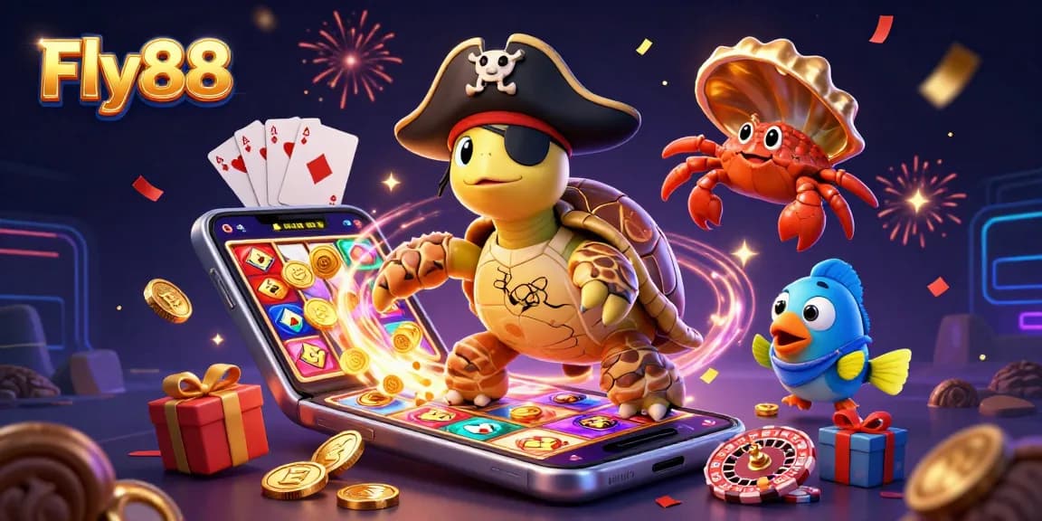 Fly88 casino scene with pirate turtle, treasure, and dynamic game elements.