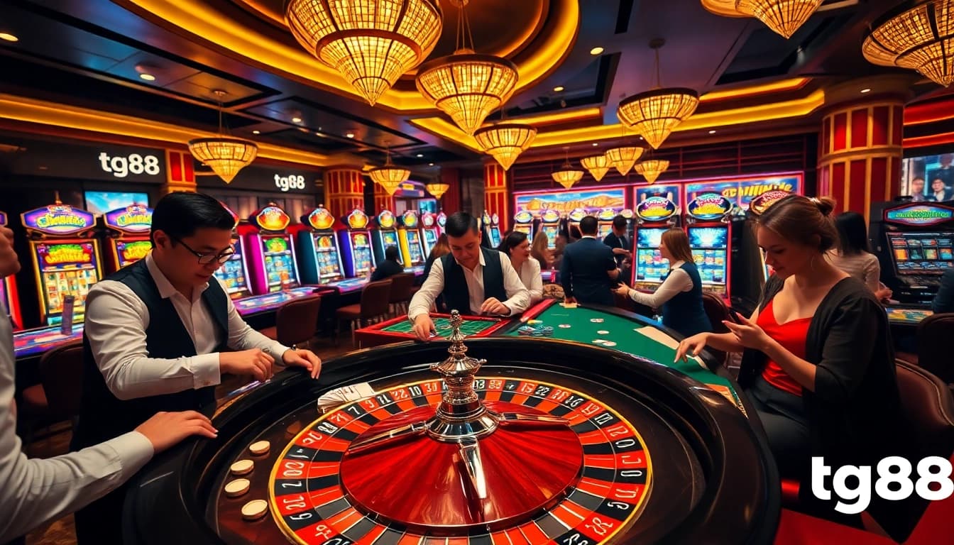 Betting enthusiasts enjoy a thrilling roulette game at tg88 casino, surrounded by vibrant slot machines.
