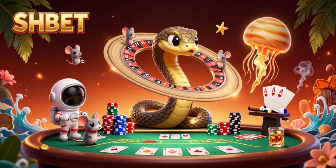 Place bets at SHBET with an exciting 3D casino scene featuring vibrant characters and detailed elements.