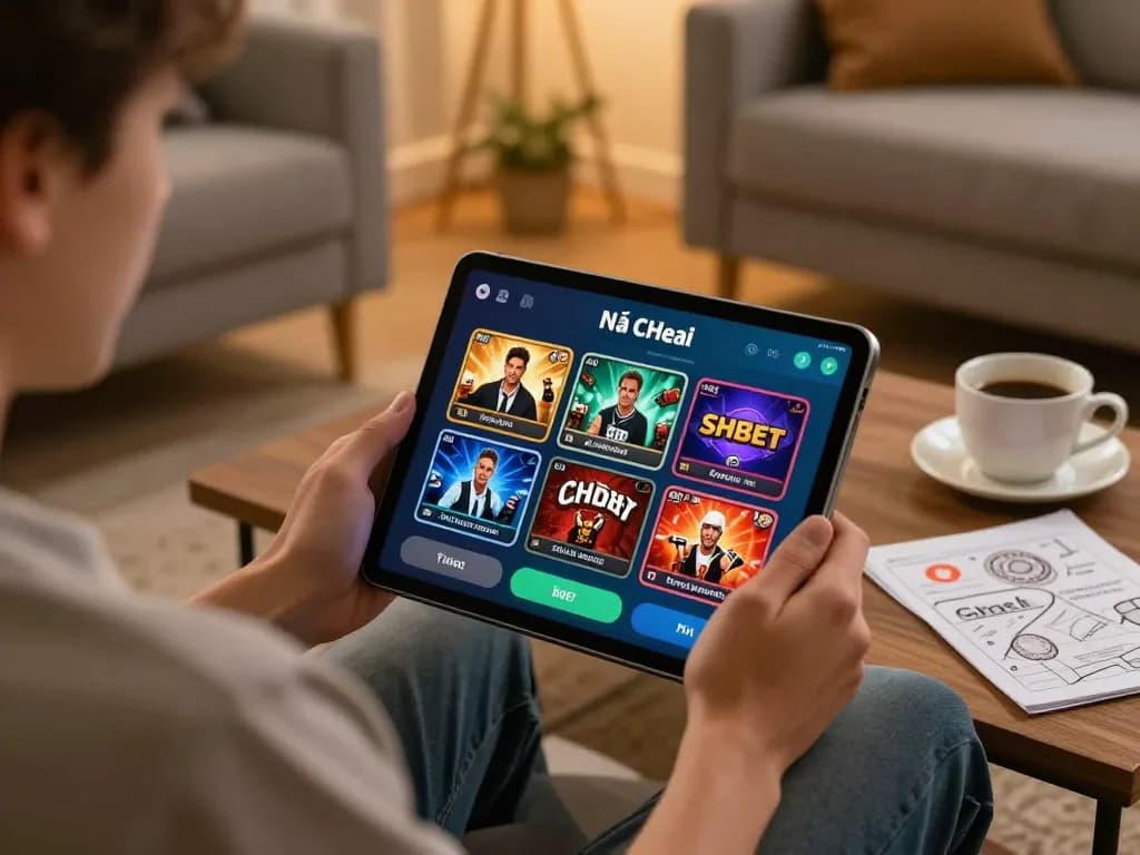 Engaged player using Nhà cái SHBET for online casino gaming in a cozy home setting.