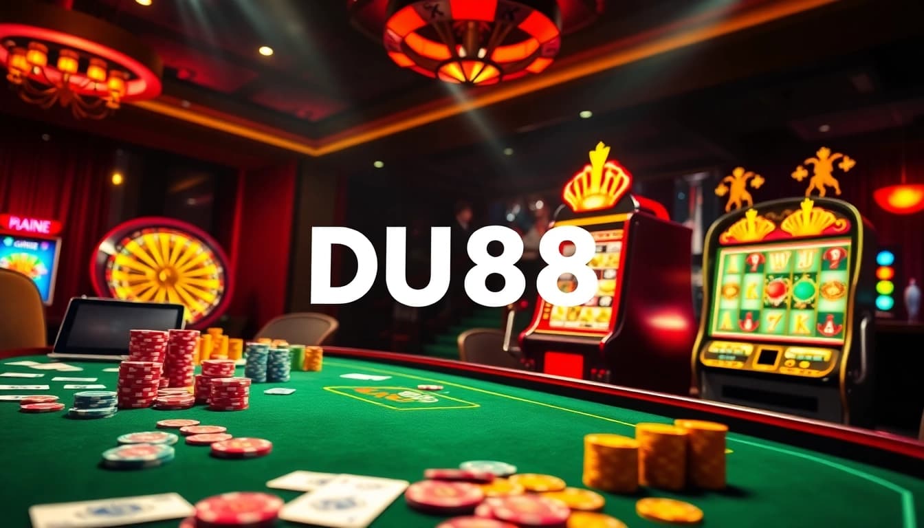 Engaging action scene at du88 trang chủ casino showcasing poker chips, cards, and slot machines.