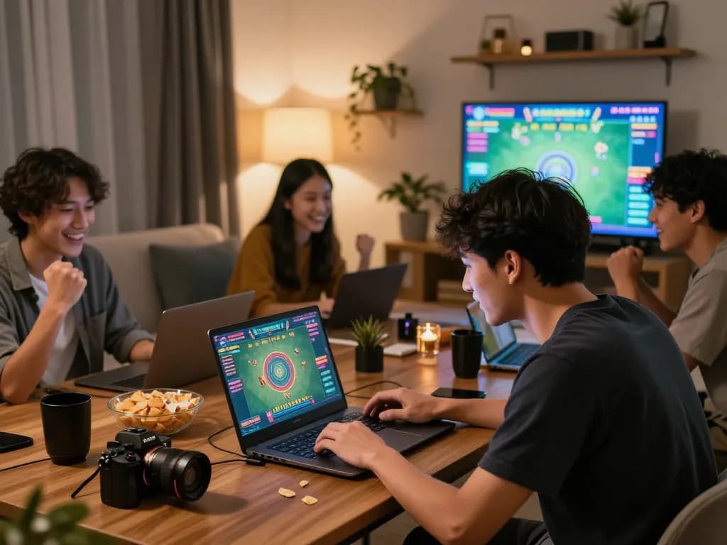 Players enjoying a tài xỉu online game in a cozy home setting, highlighting camaraderie and excitement.