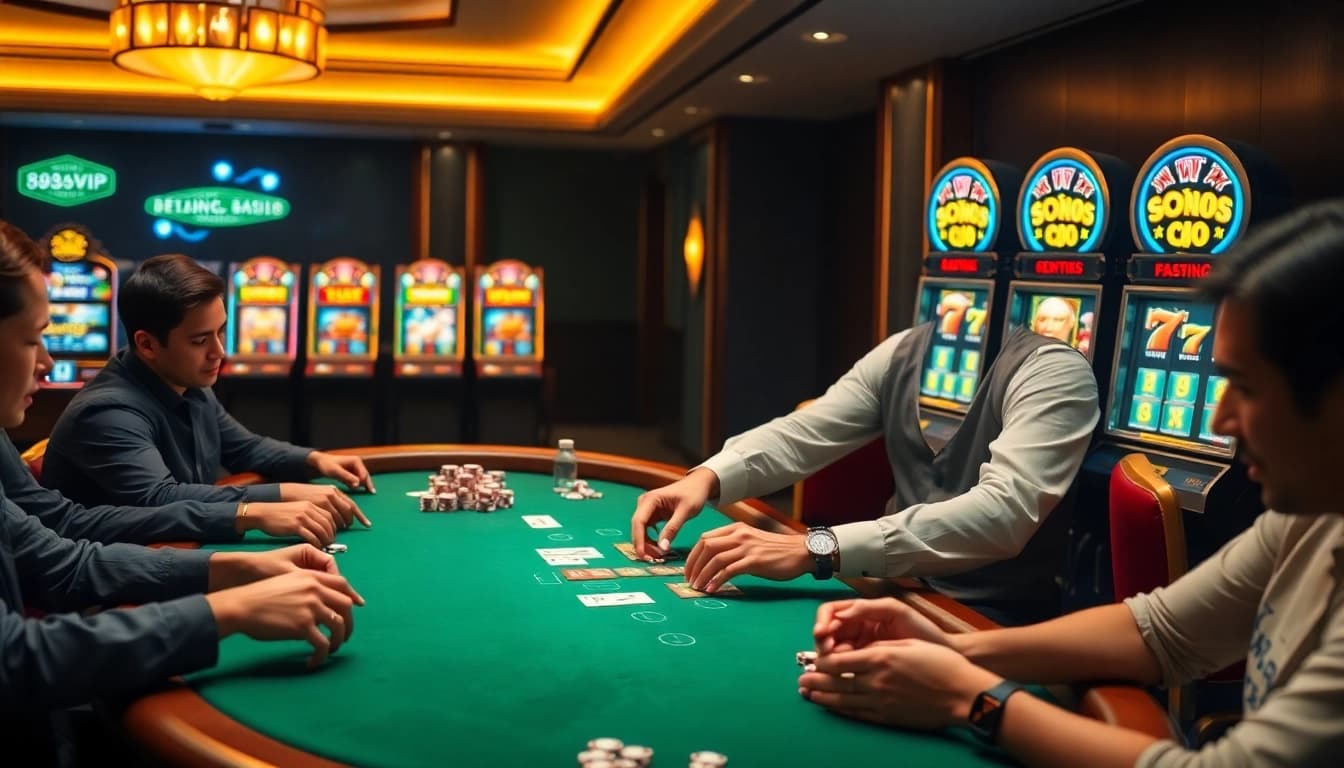 Experience excitement at Nhà Cái 68VIP as players engage in high-stakes poker on a lavish casino table.