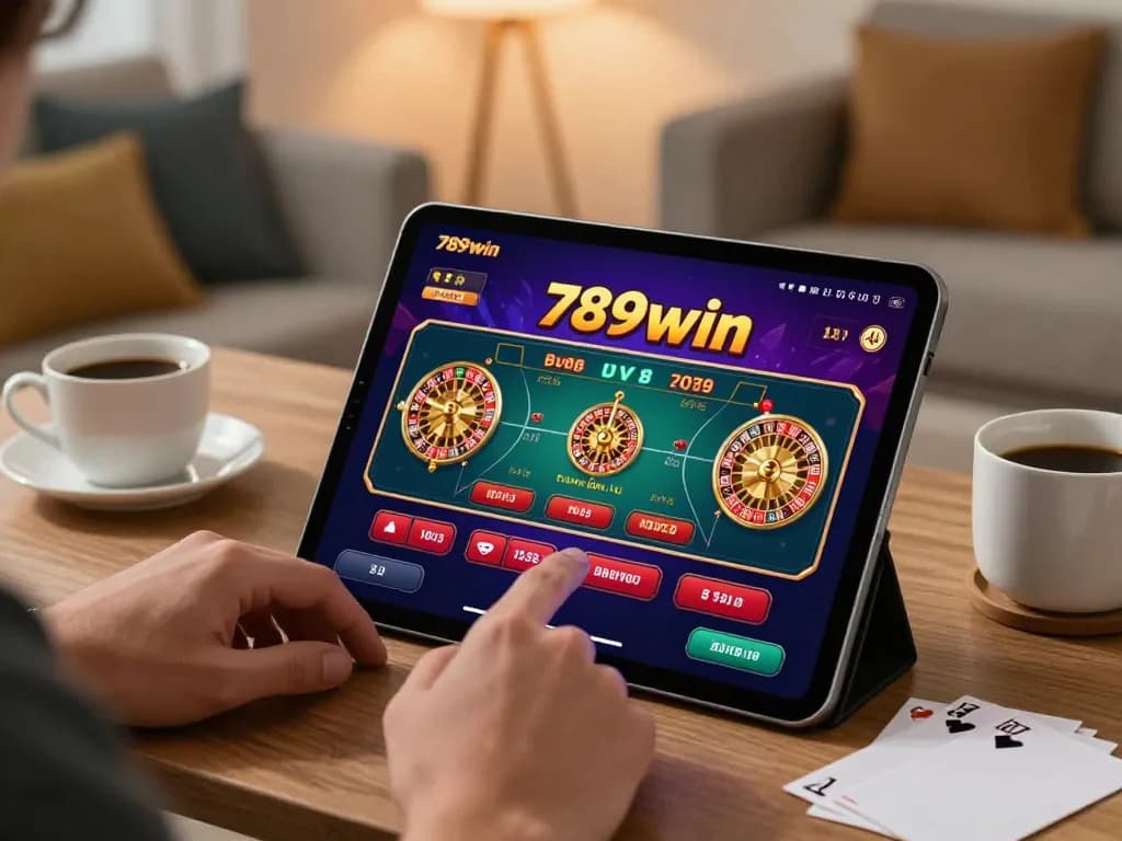 Player enjoying the 789win casino app on a tablet, strategizing with notes in a cozy home setting.