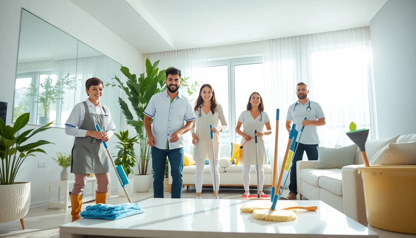 Find trusted cleaning services near me with a professional team in a bright, modern living room.