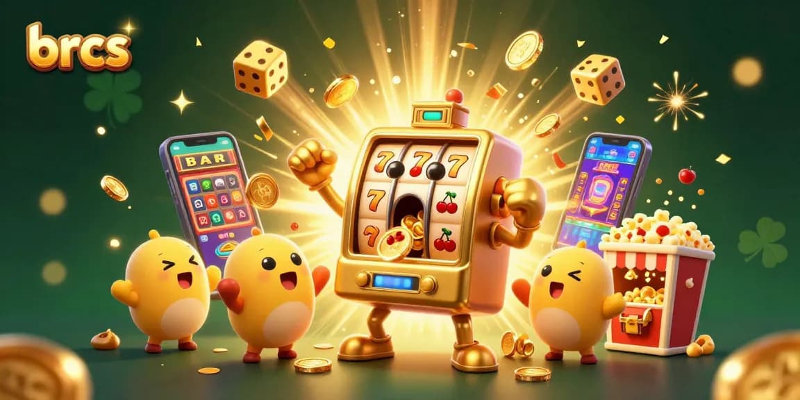 brcs engages players with a captivating illustration of excited slot machines celebrating a jackpot victory.