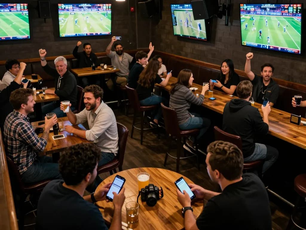 Patrons engaged in sports betting at TR88's lively sports bar, mobile devices in hand, excitement in the air.