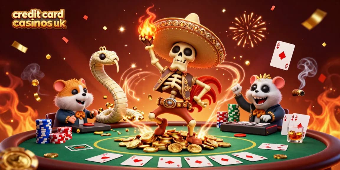 Engaging scene showcasing credit card casinos uk with vibrant characters and dynamic casino elements.