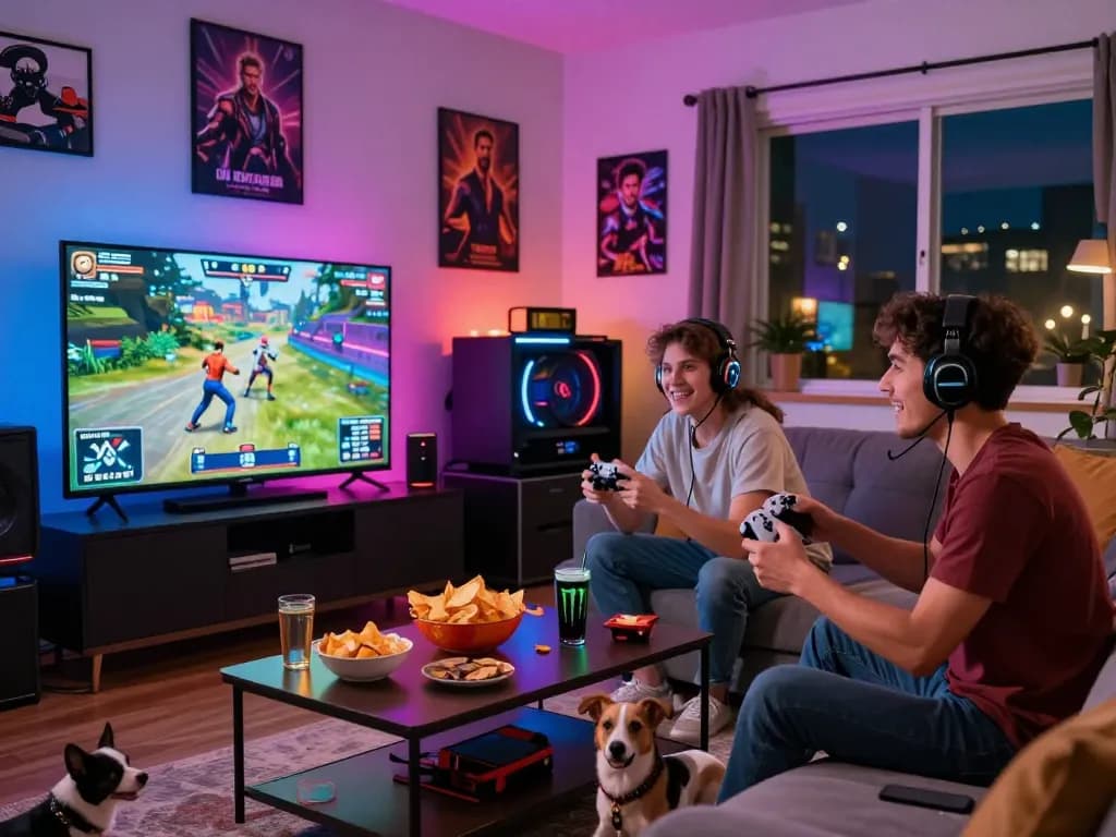 Engaging gaming night with friends, tải hitclub app on display, snacks and controllers in a vibrant living room.