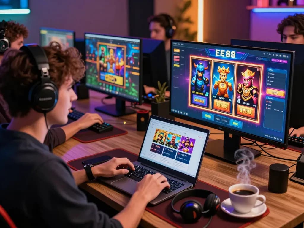 Players engaging with EE88 online platform in a lively gaming room, showcasing excitement and modern gaming experiences.