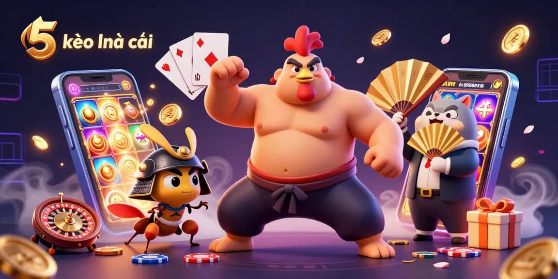 Engage in thrilling moments with kèo nhà cái 5 surrounded by a powerful sumo wrestler rooster, fierce cricket, and vibrant gaming elements.