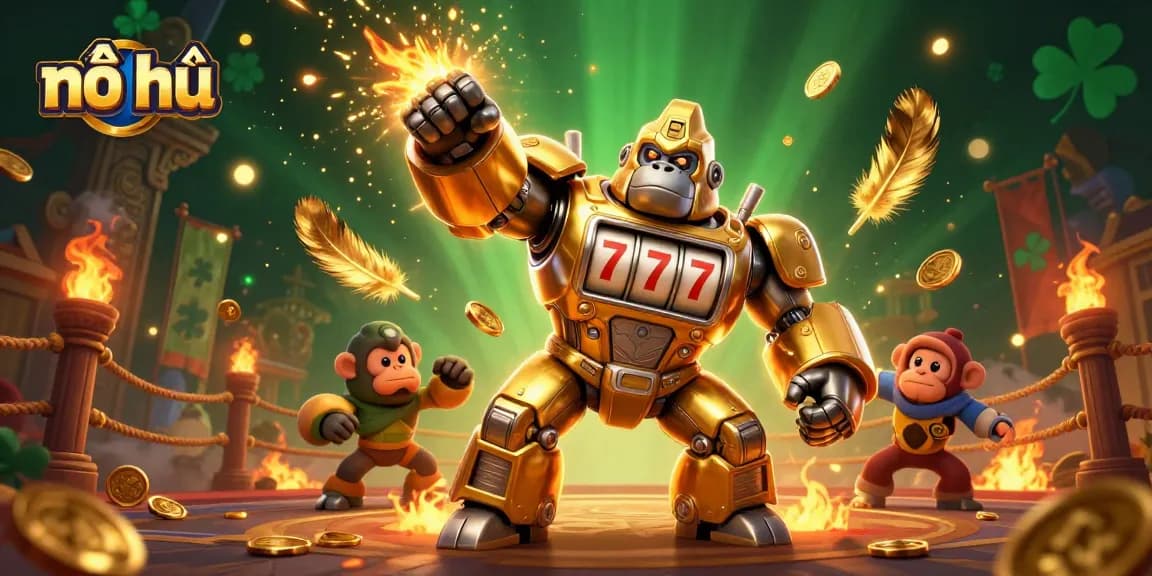 Engage in nổ hũ with dynamic gorilla mech and exciting casino elements, vivid gaming scene.
