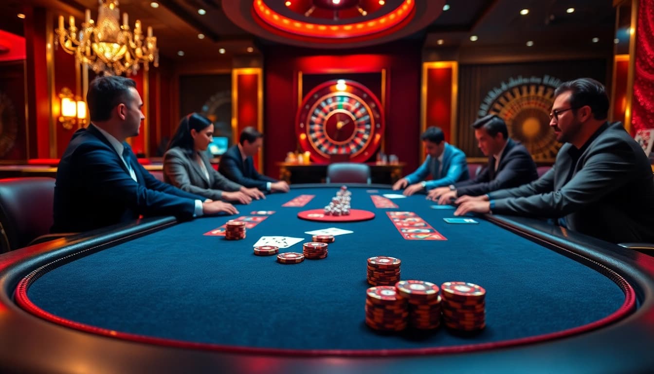 Exciting poker action at MM88 com casino table with vibrant chips and cards.