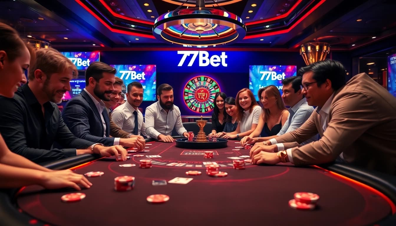 Excited gamblers playing poker with 77Bet branding and vibrant casino atmosphere.